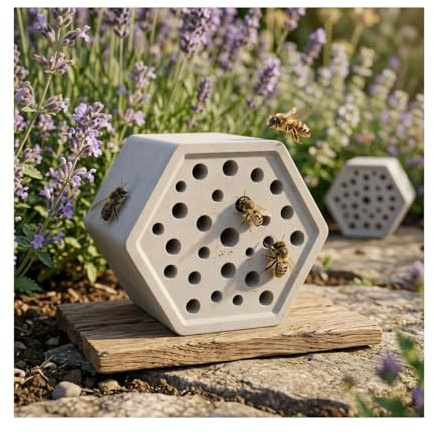 Bienenhotel Wetterfest aus Beton für Wildbienen in dem Garten | Nisthilfe für Bienen | (Hexagon)