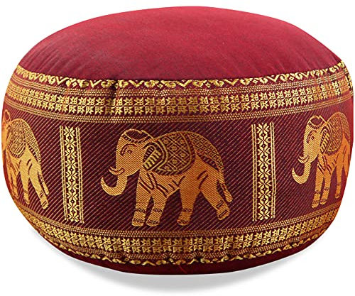 livasia Meditationskissen Thaiseide - Ø 32x20cm - Yogakissen klein mit Kapok, Pouf, Bodenkissen Yoga Zen Meditation, Sitzkissen Garten Balkon, Zafukissen handgefertigt (Rot/Elefanten Seide)