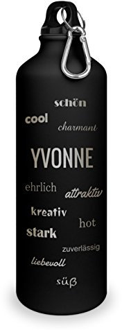 Trinkflasche mit Namen Yvonne - graviert mit Positive Eigenschaften, Aluminiumflasche mit Gravur, Sportflasche - matt schwarz