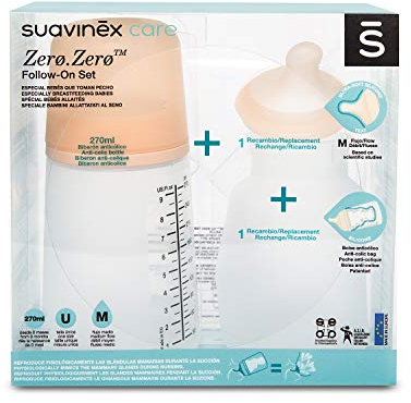 Suavinex, Confezione Biberon Zerø.Zerø Flusso Medio. Anti Colica 270 ml con tettarella, tasca in silicone di ricambio