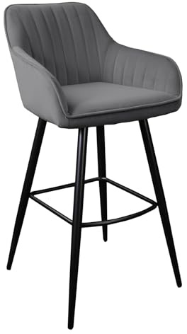 invicta INTERIOR Barhocker Turin 52cm - Silbergrau schwarz - Samt Metall | Armlehnen, Fußablage, höhenverstellbare Füße, Ziersteppung, extravagantes Flair, Kontrast durch schwarze Metallbeine