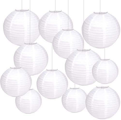 Weiße Papierlaternen (12 Stück) runde Lampions aus weißem Papier für Hochzeit, Geburtstag, Verschiedene Größen von 15, 20, 25, 30 cm