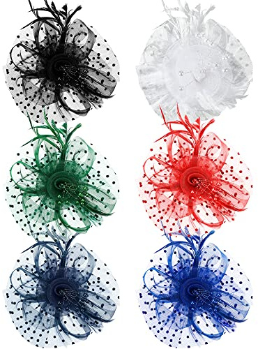 JaGely 6 Pack Fascinators Hats for Women Garden Tea Party Bulk Vintage Cocktail Mesh Feathers Hair Clip for Christmas Party