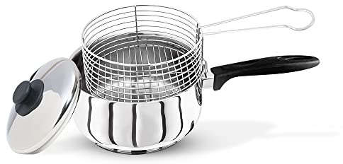 CaterOcassion - Sartén para patatas fritas de 20 cm, juego de 3 sartenes de acero inoxidable resistentes con cesta y tapa, freidora de virutas para placa de inducción, cocina de gas o cocina eléctrica