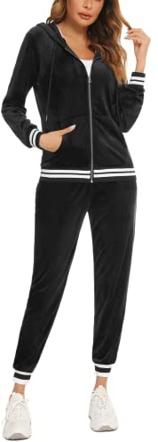 Yukiuiny Survêtement Ensemble Velours Femme à Capuche Zippés Sportswear Sweat Manche Longue Pantalon Jogging Tennis Gym Yoga Vêtements de Fitness Noir M