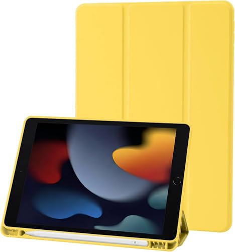 Hülle Kompatibel mit iPad 9 8 7 Generation 10.2 Zoll, Model 2021/2020/2019,9./8./7. Hülle mit Stifthalter, Trifold Ständer Schutzhülle, Auto Schlafen/Wachen for iPad 10,2 - Gelb