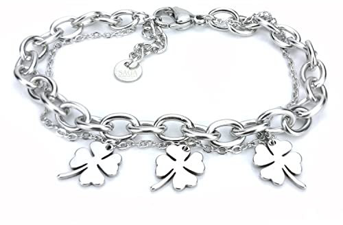 SAGA GIOIELLI® Pulsera de mujer con cadena de acero, trébol de cuatro hojas, árbol de la vida, amuleto, M, Acero inoxidable, Ágata