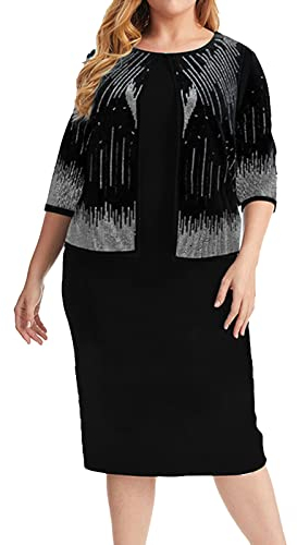 Élégante robe deux pièces à col rond et manches 3/4 pour femme, Noir , XL