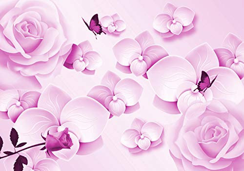 wandmotiv24 Fototapete Rosa Schmetterlinge Orchideen Rosen, 400 x 280 cm - selbstklebende Strukturtapete, Wanddeko, Wandbild, Wandtapete, Blumen M4559