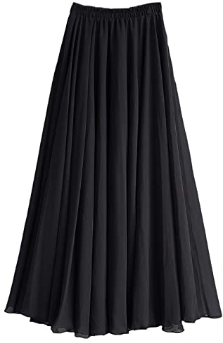 Damen A Linie Langer Rock Voll oder Knöchellang Elastischer Bund Plissierter Feen Chiffon Sommerrock Schwarz,3XL