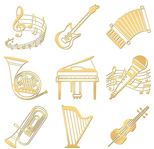 OLYCRAFT 9pcs 4x4cm Musical Instruments Pattern Stickers Music Sticker Self Adhesive Gold Stickers Metal Gold Stickers for Scrapbooks DIY Resin Crafts Phone & Water Bottle Decoration