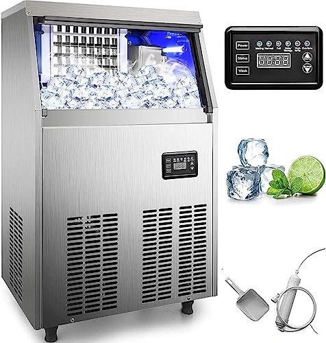 Machine à glaçons commerciale 80LBS/24H avec bac de 33LBS et pompe de vidange d'eau électrique, cube transparent, construction en acier inoxydable, fonctionnement automat