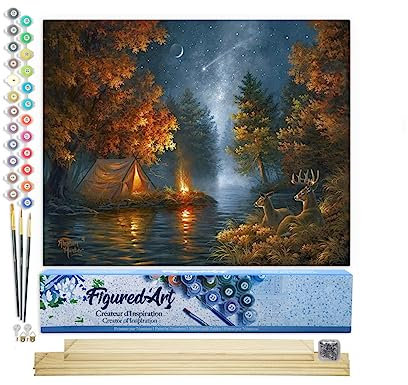 Figured'Art Pintar por Numeros Adultos Camping bajo una cebada - Manualidades pintura acrilica Kit Cuadro DIY completo - 40x50cm monta tu propio bastidor