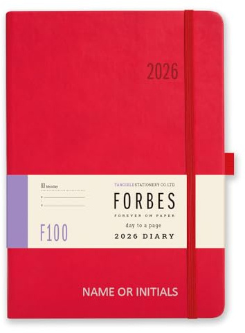 Tangible Stationery Co. Ltd - Forbes 2026 Terminplaner – A5 – Tag pro Seite mit Terminen – 80 g/m² elfenbeinfarbenes Papier – Gummibandverschluss – Personalisierte Version - Red