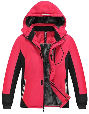 MoFiz Chaquetas de Esquí para Niño Invierno Forro Cálido Abrigo Impermeable de Nieve Montaña Antiviento con Capucha Desmontable Rojo/Gris oscuro L(13-16años)