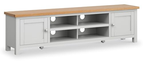 RoselandFurniture Farro Grey 180cm Extra Large TV Unit for Living Room | Fully Assembled, Television Cabinet with Oak Top, Suitable for 65 Inch Screen, Contemporary Coastal Style, H48cm W180cm D35cm
