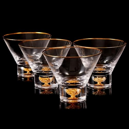 DUJUST Set de 4 Copas de Martini de Lujo con Borde Dorado (8oz), Copas de Cristal sin Tallo para Cocktail con Copos de Oro 24K, Copas Margarita para Bar/Manhattan/Cosmopolitan, Sin BPA ni Plomo
