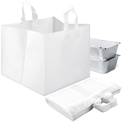 Bulyoou 50 Pcs 14 x 11.5 x 12 Half Tray Catering Bags, Takeout Bags, Bulk Catering Bag for Food Delivery with Cardboard Bottom and Soft Loop Handles for Restaurant, Retail, Business