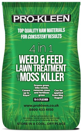 Pro-Kleen 4 in 1 Weed and Feed Lawn Treatment with Moss Killer 20kg - Greens Grass, Kills Weeds & Moss & Fertilises Grass - Apply from May-August - Covers up to 624m2 - (20kg)