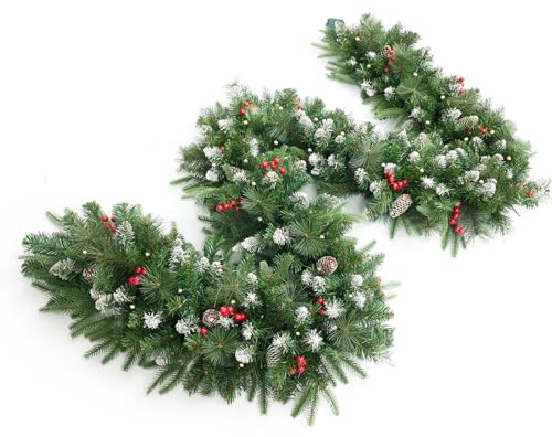 Künstliche Weihnachtsgirlande mit 50 Lichtern, Weihnachtsdekoration, schneebeflockte künstliche Girlande mit Tannenzapfen, Beeren für Treppen, Kamine, Wand, Tür für Treppen