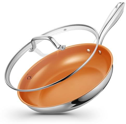 KOCH SYSTEME CS Stainless Steel Pan, 12 Inch Stainless Steel Frying Pan with Lid & Nonstick Copper Ceramic Coating, 12 Inch Copper Frying Pans with Lid, Steel Skillet, Induction Compatible