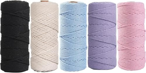 5 Stück Makramee Garn 3mmx50m, BetterJonny Baumwoll Bastelschnur Makramee Baumwollgarn 3mm Baumwollkordel Natur Bunte Baumwoll-Bastelschnur für Basteln Stricken Aufhängen DIY Handwerk-A