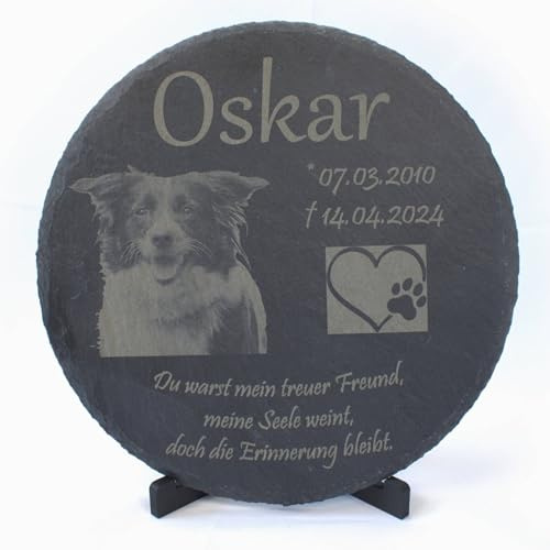 Generisch LaBiGra Schiefer Gedenktafel Tiergrabstein mit Laser-Gravur personalisiert - Individuelles Foto & Text - 20 cm Durchmesser- inkl. Ständer