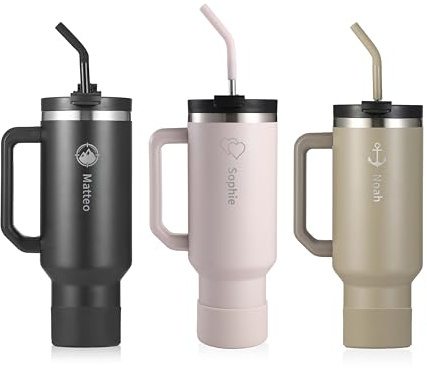 hydro2go Thermobecher 1180ml mit Namensgravur – Personalisierter 40oz Edelstahlbecher mit Henkel, Deckel & Strohhalm – Hält 10h heiß & 12h kalt, BPA-frei, auslaufsicher (Rosé + Gravur)