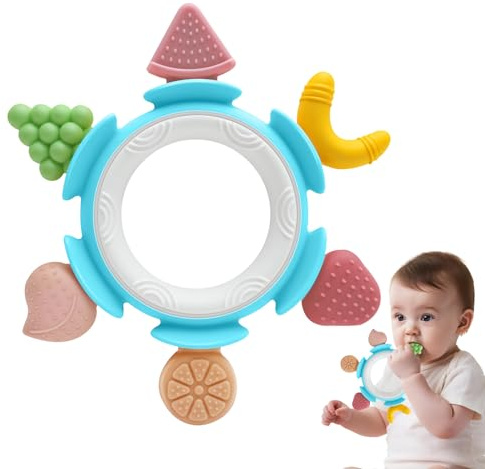 Grignoteuse Tetine en Silicone Forme Fruit, Anneau Facile à Saisir pour Enfant Jouet Dent Douleur Sensoriel 0 3 6 12 Mois, Sucettes et Anneaux de Dentition, Cadeau Noël Anniversaire Fille Garçon, Bleu