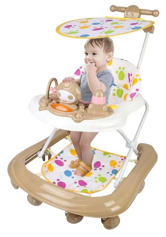 Lauflernhilfe für Babys, mitwachsend, 2-in-1, Lauflernhilfe für Babys, faltbar, Musikbox, Cartoon, abnehmbar, 360 Grad drehbare Haube, Schiebegriff hoch, 62 x 68 x 36 – 81 cm – Khaki