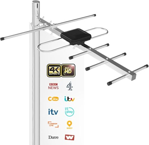 Outdoor TV Aerial for Freeview – Long Range 360° Reception – Supports 4K/Full HD – Digital External TV Antenna for Smart TV/DVB-T2 – Easy Roof or Loft Installation – 8M Coaxial Cable