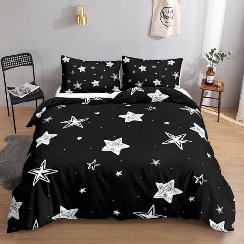 HOSIMA Sterne -Bettwäsche-Set,135x200cm, Weiß Sterne＆Schwarz, Bettwäsche-Set, 1 Bettbezug, 1 Kissenbezug, Reißverschluss, geeignet für Kinder, Jugendliche und Erwachsene