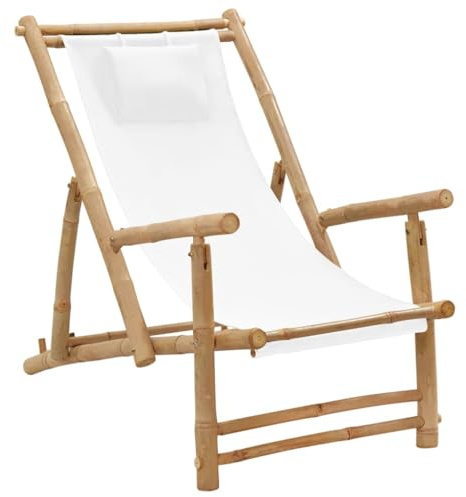 HaoChrymec Liegestuhl aus Bambus mit Canvas-Bezug, Höhenverstellbare Rückenlehne, Klappbar, Relaxsessel Garten, Balkon Stuhl, Garten Möbel, Cremeweiß, 60 x 106 x 90 cm