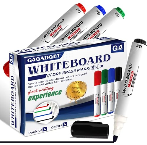 G4GADGET Whiteboard Markers Bullet Tip 4 Pack – Dry Erase Pens for Whiteboard, 4 Assorted Colours (Black, Blue, Red, Green) – Dry Wipe Markers for School, Office & Classroom Use