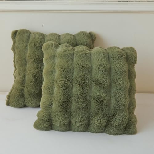 LIFEREVO 2 Pieces Fluffy Faux Rabbit Fur Cushion Covers 45x45cm, Luxury Plush Shaggy Bubble Square Throw Pillow Covers with Zipper, Moss Decor Fuzzy Pillow Shams for Bed Couch Sofa Chair, Sage Green