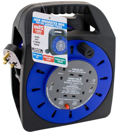 HomeVibe 25M Extension Lead Cable Reel 4 Way Socket 13A – Heavy Duty Power Extension Reel with Thermal Cut-Out & Safety Reset, 4 Gang Plug Extension for Home, Workshop, Garage, Garden, DIY, and Indust
