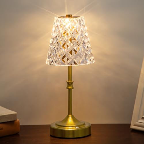 RIXGLEAM Tischlampe Kabellos mit Kristallklarem Acryl-Lampenschirm, 5400mAh Akku Tischleuchte mit 3-Farbige, Touch Lampe, LED Tischlampe Akku USB Aufladbar für Schlafzimmer, Esstisch(Goldenes Messing)