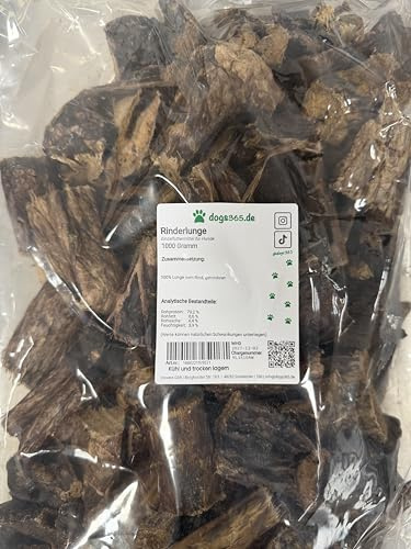 Dogs365 Rinderlunge Stücke, Natürliche Hundesnacks, Getrocknete Rindfleisch Leckerbissen, 1kg Packung