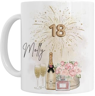 18th Birthday Gift for Girls Her - Personalised 18th Birthday Mug, Champagne & Floral 18 Design, White Ceramic, Gift for Daughter