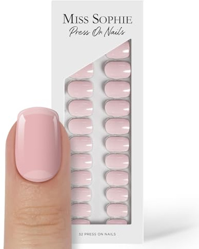 Original Miss Sophie Press On Nails I 32 künstliche Nägel in Make Me Blush I Short Square Form mit glänzendem Finish I Für Fingernägel I Inkl. Klebesticker, Reinigungspads & Zubehör