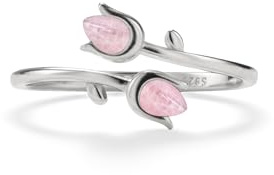 PERIMADE Anello da donna in quarzo rosa con tulipani impilabili, placcato oro 18 carati, anello aperto a fascia con motivo floreale rosa, in argento Sterling 925, regolabile, regalo di compleanno