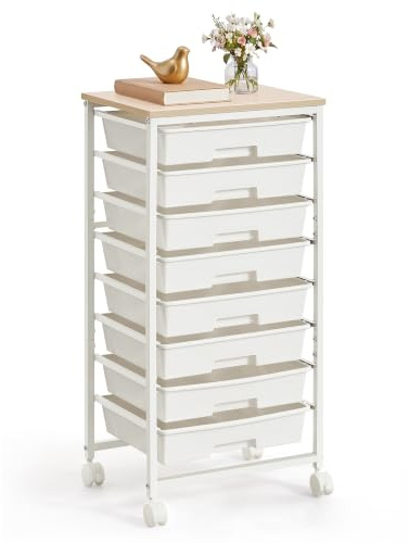 VASAGLE Carrito de Almacenamiento con 8 Cajones, Organizador con Ruedas, Carrito Auxiliar con Tablero de Madera, 39,5 x 28,5 x 76.5 cm, para Oficina, Salón, Blanco, Colección BENCO LRC006W101