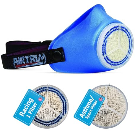 Airtrim Cold-Weather Breathing Mask for Athletes & Cold-Air-Sensitive Users — Warms & Humidifies Inhaled Air — Includes 1 Asthma/Sport + 1 Racing #1 Filter - Blue