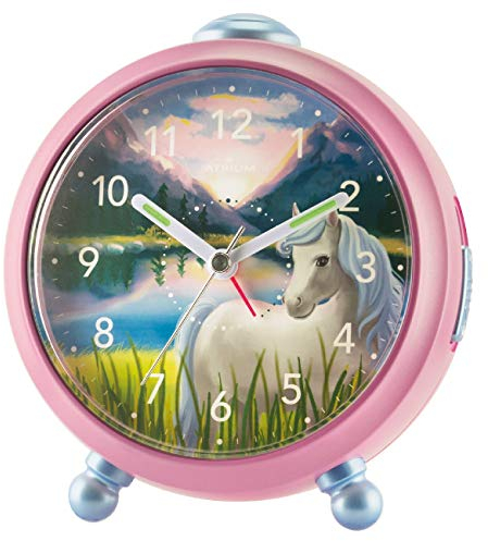 Atrium Kinderwecker Mädchen Siabelle Pferd Rosa Lila Weiß Analog Quarz ohne Ticken mit Licht und Snooze A932-17