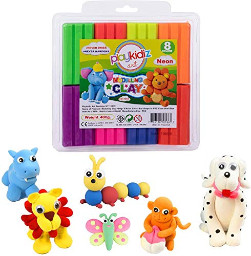 Playkidiz Modellier-Fimo-Set - 8 Neonfarben-Spielteig in PVC-Muschelschalen-Box - Anfängerpackung mit 480 Gramm, STEM-pädagogisches DIY-Formset, Heimwerken für Kinder