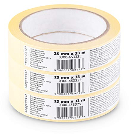 Scley Abdeckband, Kreppband Breite 25mm, Länge 33m, 3 Stück Malerband, Malerkrepp gelb, Klebeband für Malerarbeiten Serie *545*, A0303-450125