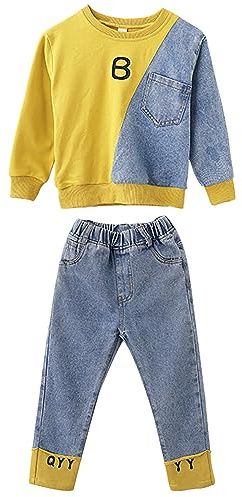 amropi Filles Ensembles Pantalon et Haut Sweats Survêtement Jeans Jogging Vêtement Jaune Bleu, 11-12 Ans