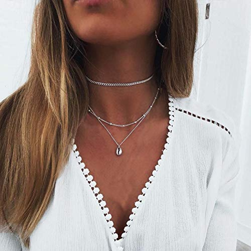 Yienate Collar bohemio multicapa con colgante de concha de plata, cadena de eslabones gruesos, gargantilla en capas, collar de playa, joyería para mujeres y niñas