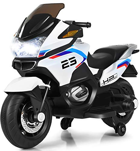 HONEY JOY 12V Kids Motorcycle, Battery Powered Electric Vehicle for Kids, Training Wheels, LED Lights, Foot Pedal, Spring Suspension, Ride On Toy Motorcycle, Gift for Boys Girls (White)