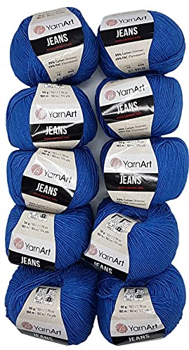 10 x 50g Strickwolle YarnArt Jeans einfarbig mit 55% Baumwolle, 500 Gramm Wolle uni (blau 16)